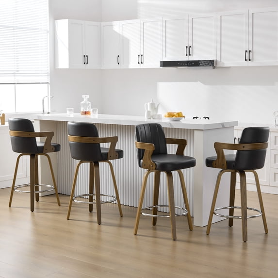 26"Mid Century Bar Stools Set of 4 Modern Swivel Counter Height Bar Stools with Back and Dual Arms Faux Leather Upholstered Bar Chairs with Bent Wood Legs for Kitchen Island Black