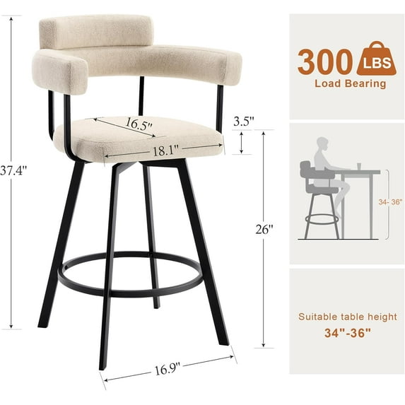26" Mid Modern Swivel Bar Stools Set of 4, Upholstered Counter Chairs with Curved Back and Armrest, Beige Linen Fabric