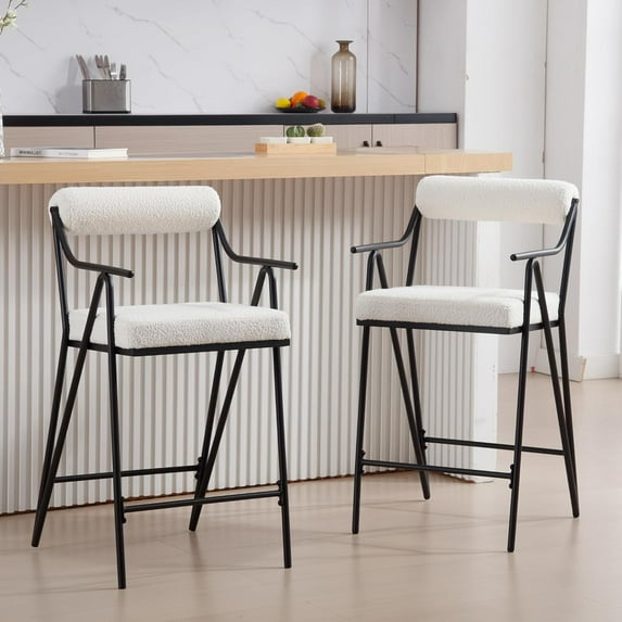 26’’ Modern Bar Stool Chairs Counter Height Bar Stools Set of 2, Barstools with Barrel Backs White Boucle Upholstered Counter Chairs, Industrial Black Metal Bar stools with Arms for Kitchen Island/Pub