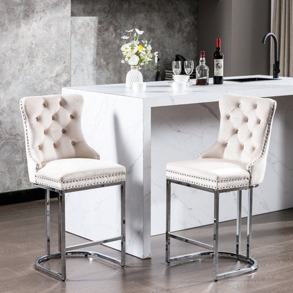 26" Modern Bar Stools (2 Pack) | Used in Kitchen Island and Bar | Velvet Seats with Handmade Details | Provide Comfort for Your Back and Waist