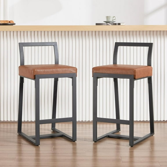 26’’ Modern Bar Stools Set of 2, Upholstered PU Leather Bar Chairs with Backrest Armless Counter Height Stools with Metal Frame for Kitchen Island Dining Room, Brown