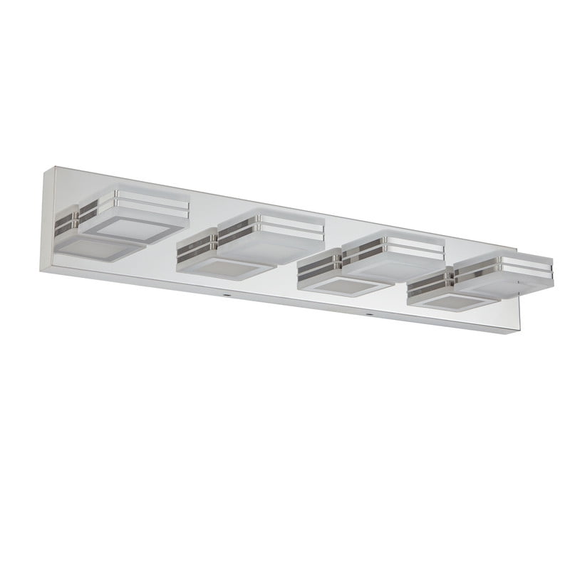 26" Modern Chrome 4-Light LED Vanity Light, Square Acrylic Lampshades Wall Mount Fixture for Bathroom, Mirror Lighting
