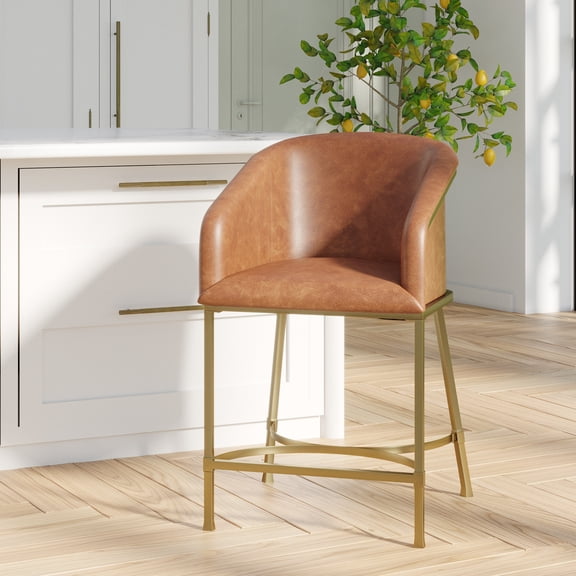 26" Modern Counter Stool, Tobacco Brown Faux Leather & Gold Steel Frame, 1PC