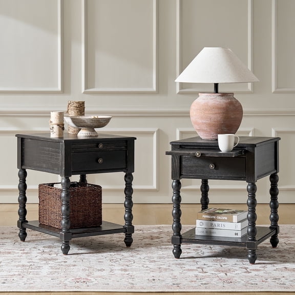 26" Modern End Table Solid Wood Set of 2 with Drawer Tray USB for Living Room Charcoal