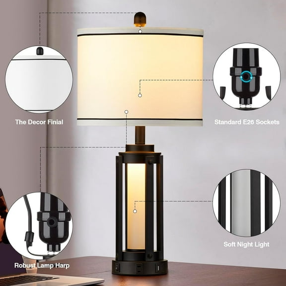 26" Modern Table Lamp with USB A+C Charging Ports & AC Outlet, Industrial Beside Contemporary Lamp Glass LED Night Light for Living Room Bedroom Nightstand End Table Single Black (2 Bulbs Included)