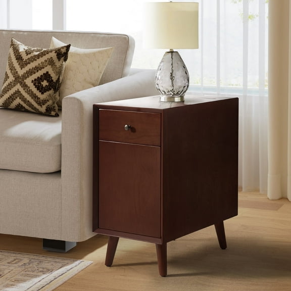 26" Modern Wooden End Table End Table with Charging Station Tray and Storage Shelves Walnut