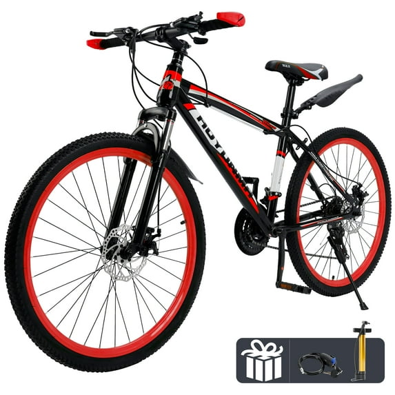 26" Mountain Bike for Men/Women, 24 Speed Shimano Twist Shifting, Front or Dual Suspension, Comfort Saddle Red/White/Blue/Green