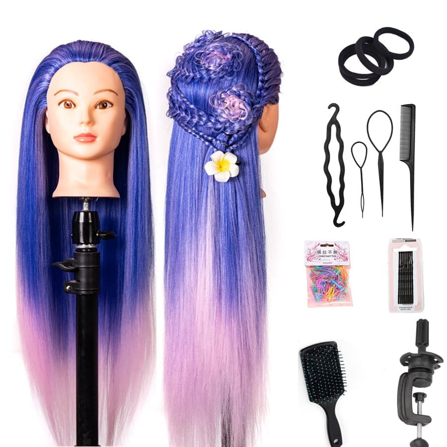 26" Multicolored Synthetic Fiber Hair Mannequin Head with Clamp Stand - Cosmetology Doll Head