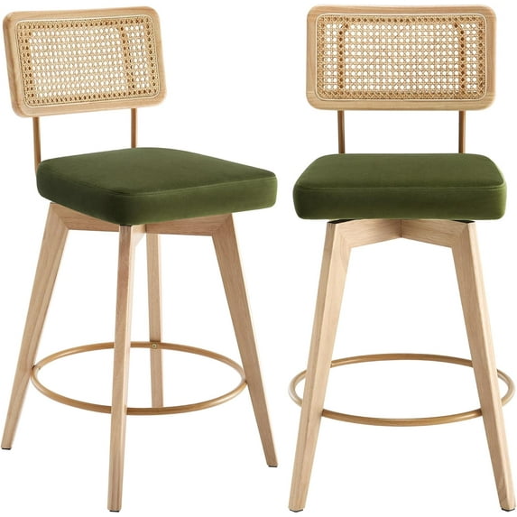 26” Natural Rattan Bar Stools, Swivel Solid Wood Counter Stool Set of 2, Upholstered Armless Bar Chairs with Wooden Legs for Kitchen Island, Olive Green Velvet