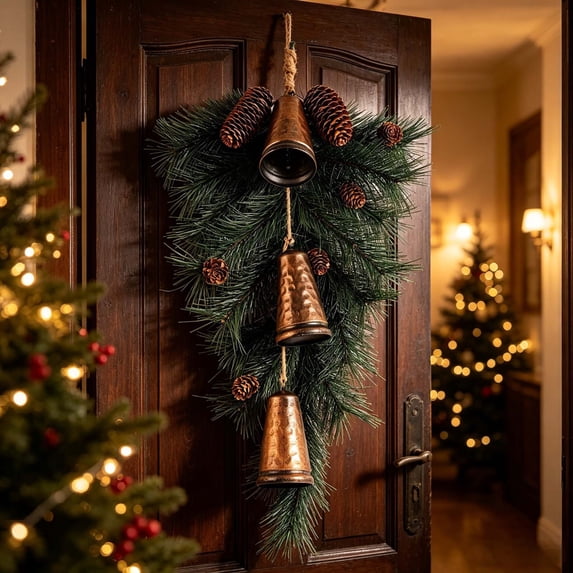26" Norfolk Pine Christmas Teardrop Swag Artificial Christmas Door Swag for Decorating with Bells and Faux Pine Cones Christmas Norfolk Greenery Wreath for Holiday Door Mantle Indoor Outdoor Decor