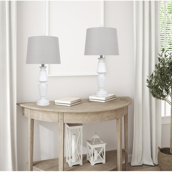 26" Off-White Polyresin Table Lamp w/ Baluster-Shaped Base & Taupe Linen Shades (Set of 2)