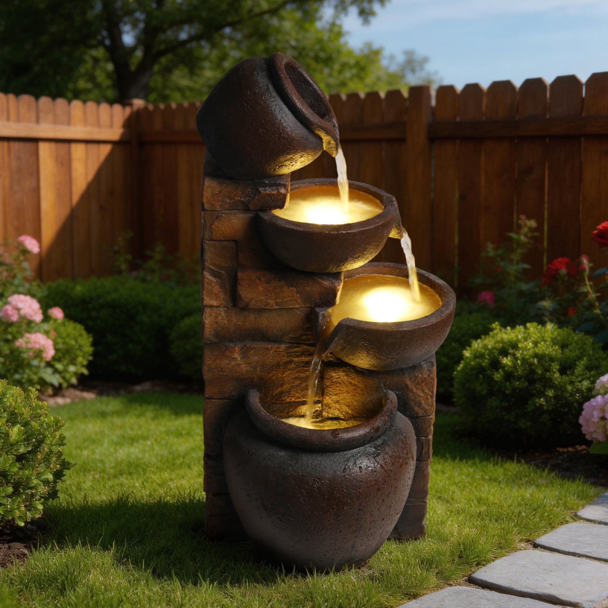 26" Outdoor Water Fountain with LED Lights, 4-Tier Cascading Pottery Jar Waterfall on Faux Stone Wall, Rustic Resin Garden Decor for Patio, Yard and Porch