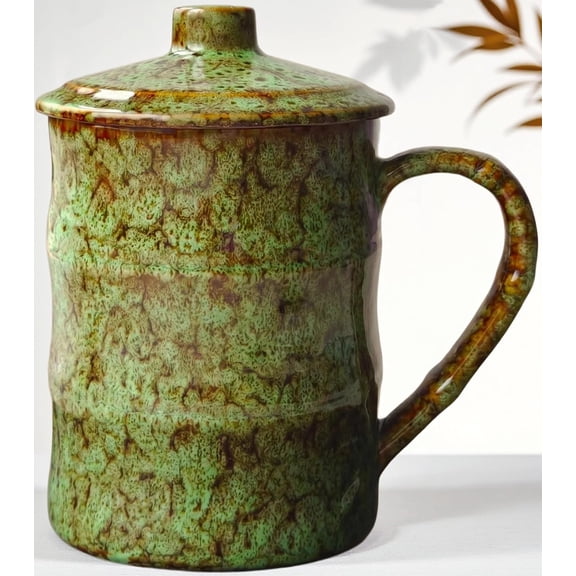 26 Oz Extra Large Coffee Mug with Big Handle and LidGlaze Green | Ceramic Big Tea Cup, Microwave & Dishwasher Safe, Fengshui Oversized Mug for Office and Home
