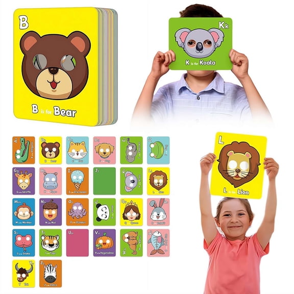 26 PCS Alphabet ABC Flash Cards with Animal Masks,Giant ABC Animal Mask Flash Cards,Colorful Alphabet Mask Cards, Interactive Education Games, Learn Letters, English Phrases
