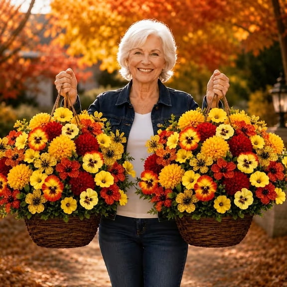 26 Pieces Artificial Fall Flower Stems Set, Fake Autumn Orange Red Yellow Mums Pansy Floral Picks, Faux Silk Flowers for Thanksgiving Porch Window Box Decor, No Pot