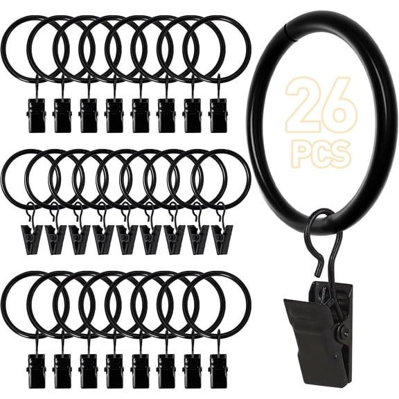 26 PCS Curtain Rings with Clips, Curtain Hooks for Drapes, Curtain Clips with Rings 1.26 Interior Diameter, Black Curtain Rings Fit up to 1 inch Curtain Rod