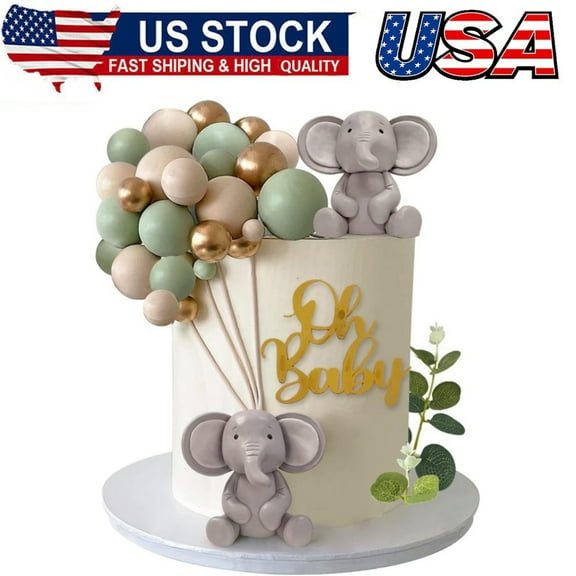 26 PCS Elephant Cake Decoration Pearl Balls Cake Picks Eucalyptus Leaves Decoration Elephant Baby Shower Cake Decoration