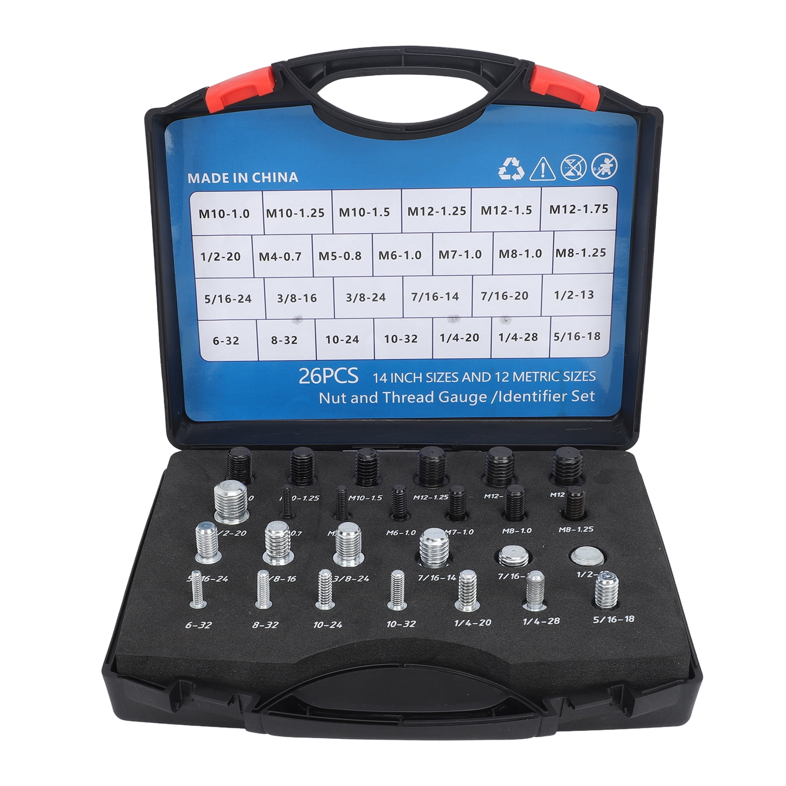 26 PCS Nut Bolt Thread Checker High Accuracy Carbon Steel ABS Nut and Bolt Thread Gauge Set for