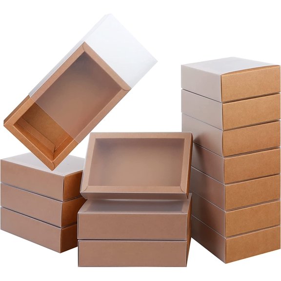 26 PCS Rectangle Drawer Kraft Boxes Small Cardboard Present Packaging Boxes for Party Favor Treats, Candy and Jewelry Crafts, 6.5 x 3.7 x 1.6 inch (Clear frosted, Brown)