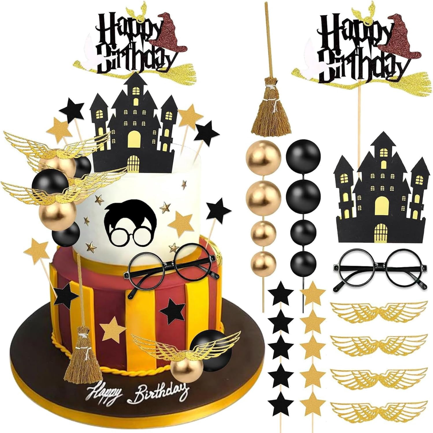 26 PCS Wizard Birthday Cake Topper Decorations, Wizard Party Supplies, Glitter Themed Cupcake Decorations