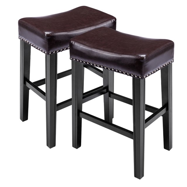 26" PU Leather Bar Stools Set of 2, Wood Saddle Seat Barstool Kitchen