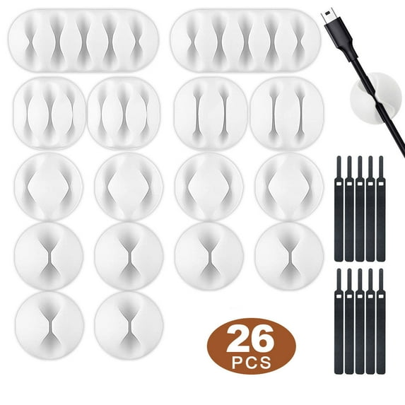 26 Pack Cable Clips Self Adhesive Cord Holders Ideal Cable Cords Management for Organizing Cable Wires Home, Office, Car, Desk Nightstand, Fastening Cable Ties Reusable(White)
