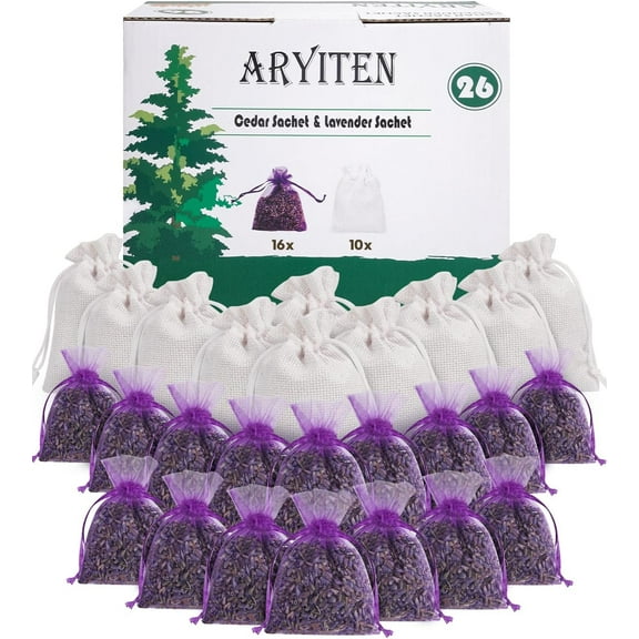 26 Pack Cedar Chips and Natural Dried Lavender Sachets Bags - Stop Clothes Damage, Cedar and Lavendar Home Fragrance for Drawers and Closets
