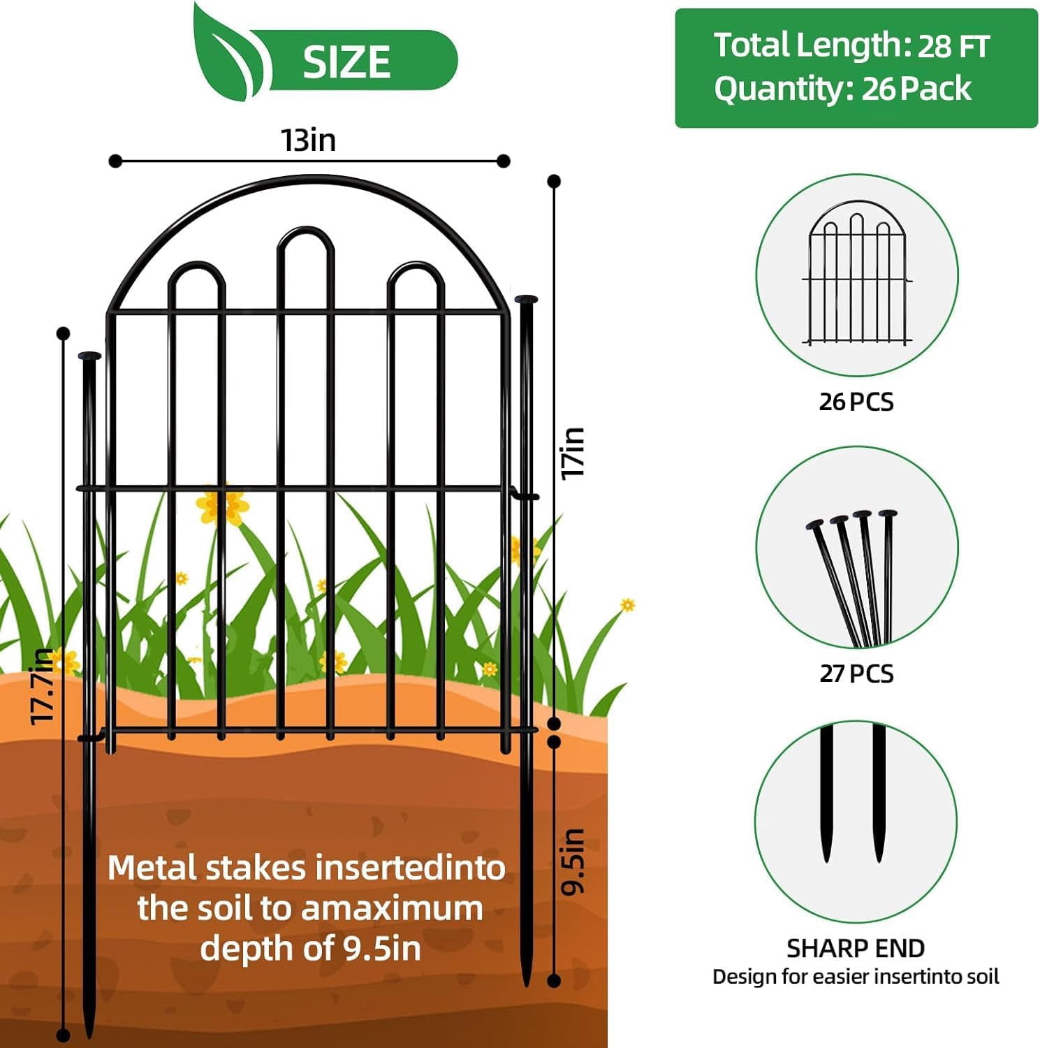 28ft x 22in Decorative Garden Fence, 26 Pack Arched No  Animal Barrier for Dog Rabbit, Rustproof Metal Stake Border