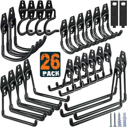 26 Pack Garage Hooks Heavy Duty Utility Steel with Anti-Slip Coating Wall Mount Storage Organizer for Hanging Power and Garden Tools, Ladders, Hose, Bikes, Ropes, Bulk Items, and More