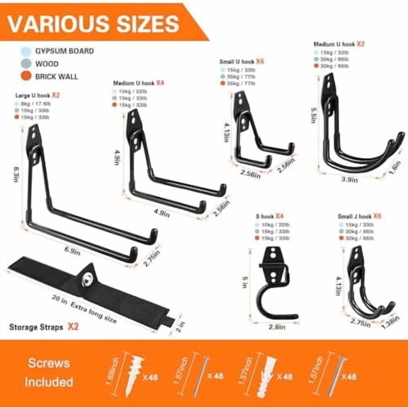 26 Pack Garage Hooks Heavy Duty Utility Steel with Anti-Slip Coating Wall Mount Storage Organizer for Hanging Power and Garden Tools, Ladders, Hose, Bikes, Ropes, Bulk Items, and More
