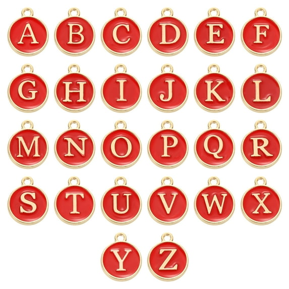 26 Pack Letter Charm Bulk Initial Charm Round Alphabet Charm Pendant, Red