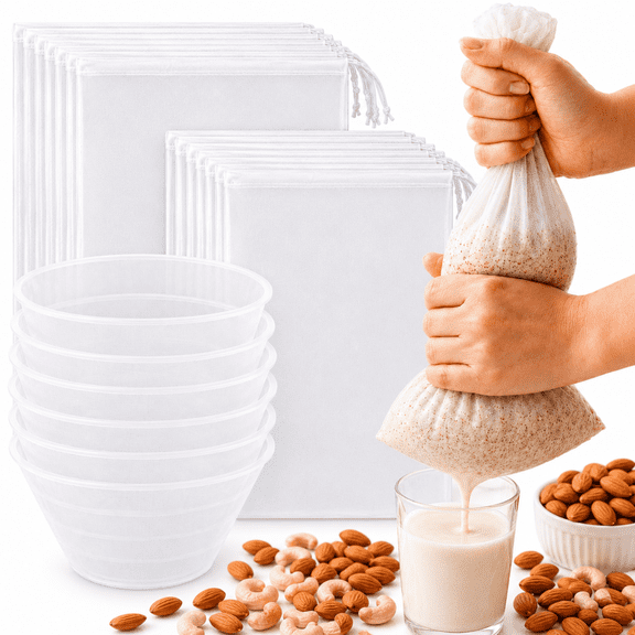 26 Pack Nut Milk Bags, 100 Mesh Nylon Cheese Cloth Bag for Straining, Washable Reusable Fine Mesh Strainers for Oat and Almond Milk, Juice and Coffee