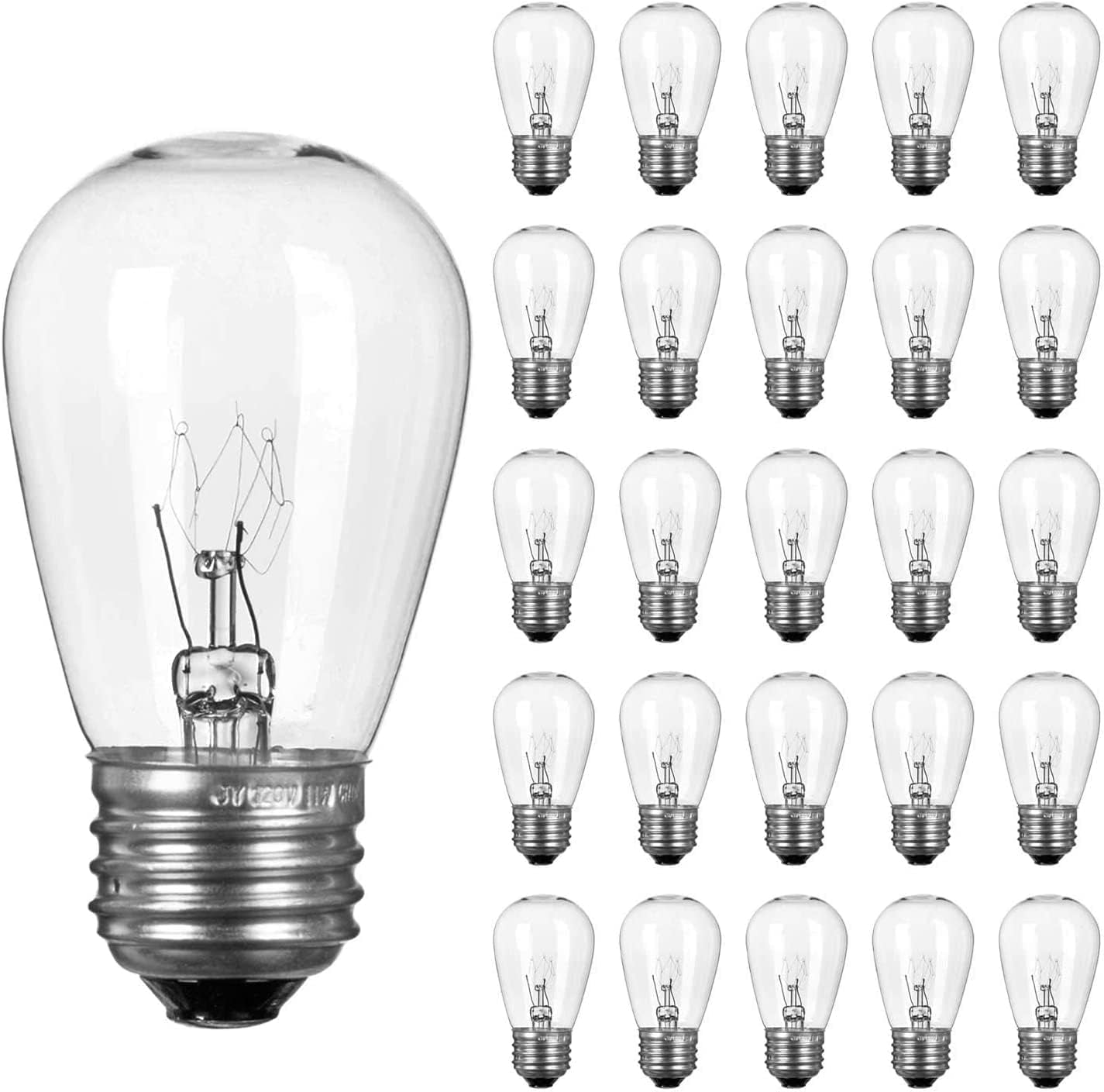 26 Pack S14 Incandescent Light Bulbs - 11W 2700K Warm White, Waterproof Glass, Dimmable E26 Edison for Outdoor String Lights, Patio Lighting & Replacement Bulbs, UL Listed