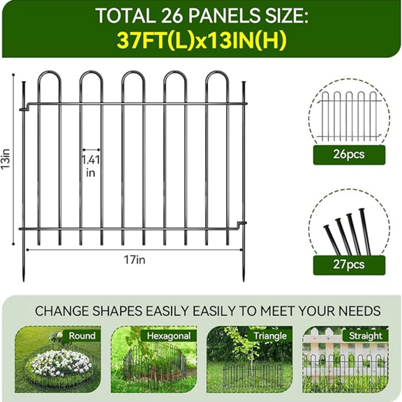 26 Panels Decorative Garden Fence, 37ft X 20in Rustproof Metal Animal Barrier Fence, No Dig Fence Garden Fence, Arched Flower Bed Edging Ornamental Wire Border Fencing for Outdoor Yard, Patio Decor