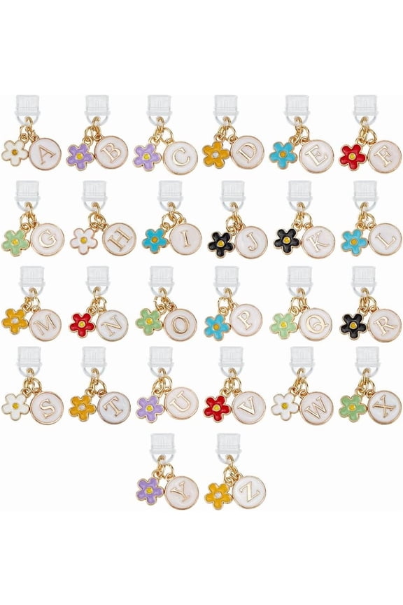 26 Pcs 26 Styles Letter Dust Plug Charms Type C Dust Plugs 1.18 Inch Long Mobile Dustproof Plug with Flower Pendants USB C-Port Caps Protector