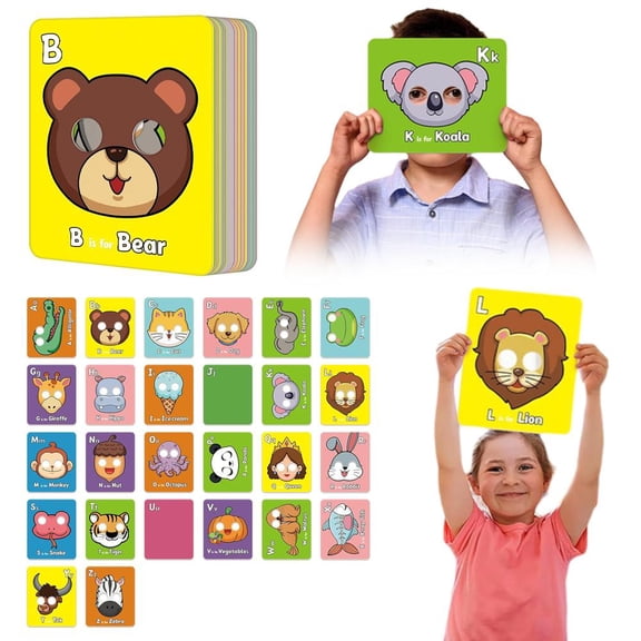 26 Pcs ABC Alphabet Animal Mask Flash Cards Colorful Cardboard Early Education Interactive Learning Play Cards