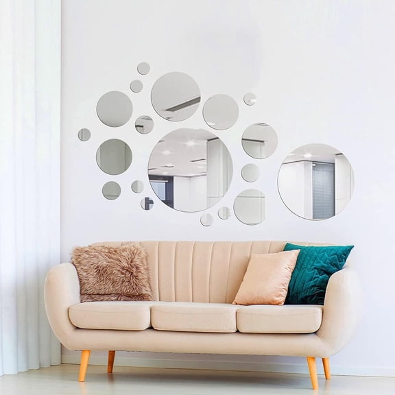 26 Pcs Acrylic Mirror Wall Stickers,Circle Ceiling Mirrors for Bedroom, Sofa TV Background Decor,DIY Wall Decoration,Silver