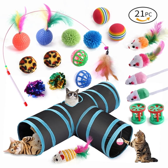 Senhu Cat Toys Set with Cat Tunnel for Indoor Interactive, Kitten Toys Assortments, Interactive Cat Teaser, Kitty Toys Kit, Self Entertainment Toys Tunnel Toys and Play Cube