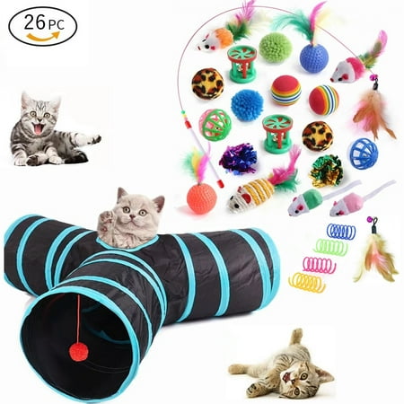 26 Pcs Cat Toys Set with Cat Tunnel for Indoor Interactive, Kitten Toys Assortments, Interactive Cat Teaser, Kitty Toys Kit, Self Entertainment Toys Tunnel Toys and Play Cube
