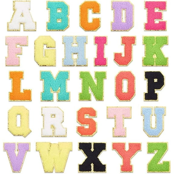 26 Pcs Chenille Letter Patches Self Adhesive Colorful Sticker Set with Gold Glitter Border Sew on Embroidered Patch for Clothes Backpacks Jacket Jeans Christmas Stockings