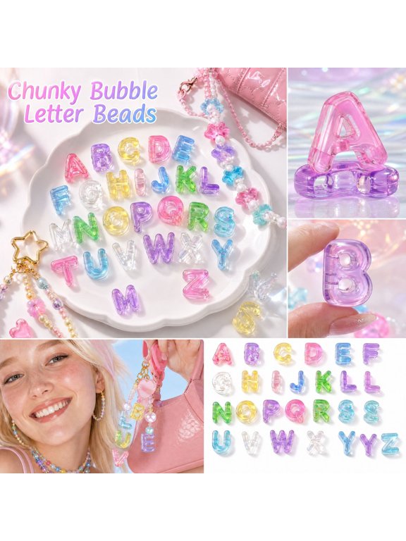 26 Pcs Chunky Acrylic Letter Beads Clear Crystal Finish | Big Horizontal Holes, Bubble Large Alphabet Beads, For Jewelry Making /Keychains/Bag Charms/Diy Decorations