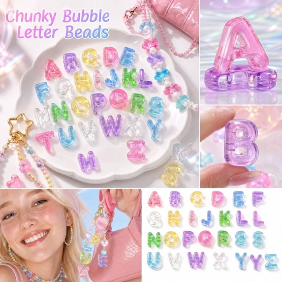26 Pcs Chunky Acrylic Letter Beads, Large Hole Bubble Alphabet for DIY Jewelry Making