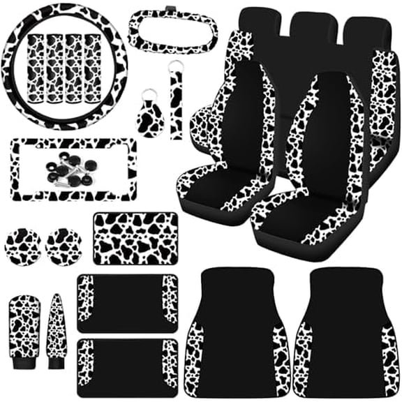 26 Pcs Cow Print Car Accessories Cow Print Seat Covers Set Steering Wheel Cup Holders Foot Armrest Pads License Plate Seat Belt Mirror Handbrake Gear Cover Keyring for Truck SUV