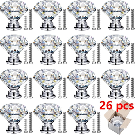 26 Pcs Crystal Cabinet Knobs with Screws, Gold or Silver Drawer Knobs, for Dressers Vintage Wardrobes Wine Cabinets Bookshelves
