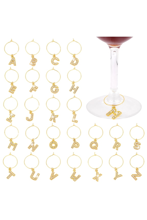 26 Pcs Gold Bling Letter Wine Glass Charms - Markers Tags for Cocktail Champagne - Metal Letters for Family Gathering Party Favor Decoration