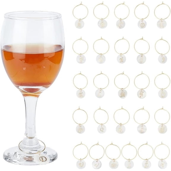 26 Pcs Letter Wine Glass Charm Markers Tags Natural Freshwater Shell Wine Glass Rings Wine Glass Jewelry Charms for Glasses Tumbler Cup Wine Tasting Party Gift for DIY Golden