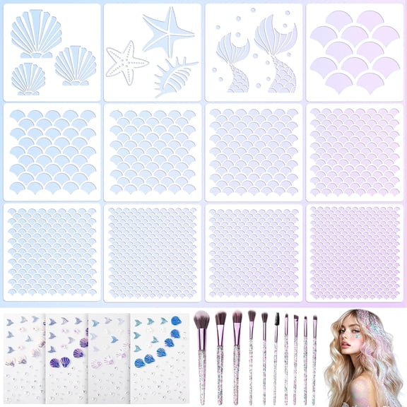 26 Pcs Mermaid Scale Stencil Set, Mermaid Face Makeup Templates for Women | Shell Starfish Fish Scale Stencils Mermaids Sticker Makeup Brushes for Women Girls Face Painting Wall Accessories