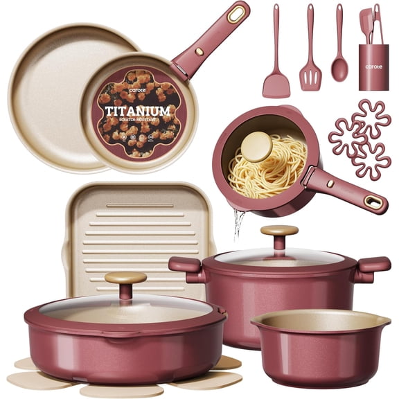 26 Pcs Nonstick Cookware Set with Detachable Handles Titanium Reinforced Oven Safe Red