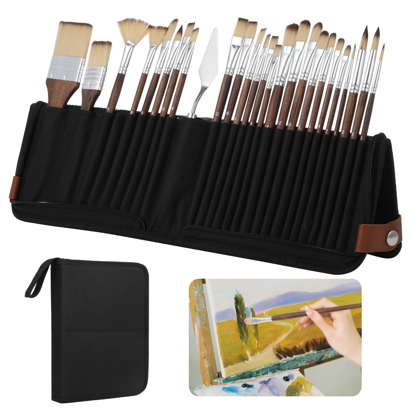 26 Pcs Paint Brush Set with Textile Case, Portable Vertical Stand Painting Tool Kit, Nylon Hair Paintbrushes Set with Metal Pigment Scraper for Acrylics, Watercolors, Oils