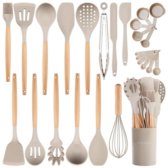 26 Pcs Silicone Cooking Utensils Set with Holder, NCUE BPA Free Kitchen Utensils Set for Cooking, 446F Spatulas Silicone Heat Resistant Wooden Handle Spoon Tongs Non-stick Kitchen Gadgets (Khaki)